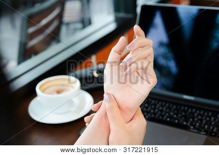 Woman Wrist Hand Arm Pain Long Use Mouse Working. Office Syndrome Healthcare And Medicine Concept