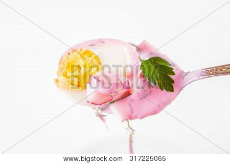 Cold Borscht (chlodnik) - Traditional Lithuanian Cold Soup With Radish, Parsley, Dill And Egg Eaten 