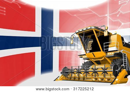 Digital Industrial 3d Illustration Of Yellow Advanced Grain Combine Harvester On Norway Flag - Agric