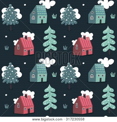 Seamless Cute Scandinavian Pattern With Houses And Trees