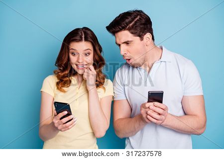 Close-up Portrait Of His He Her She Nice Attractive Cheerful Cheery Curious Funny People Using 5g Ap