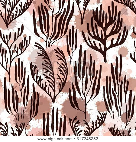 Coral Polyps Seamless Pattern. Paint Splashes Drops Watercolor Background. Aquatic Plants Repeating 