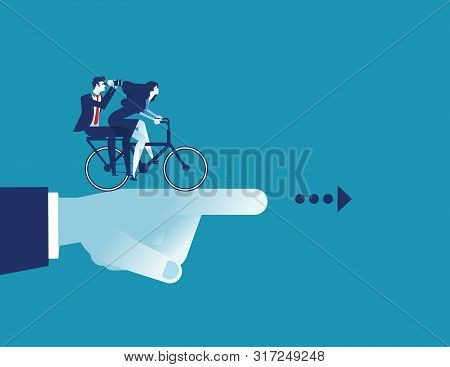 Manager Pointing Of Team Go To Success. Concept Business Riding Bicycle Vector Illustration.