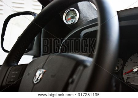 Kiev, Ukraine; August 23, 2014. Dodge Ram Srt-10. 
Car Interior Luxury Service. Car Interior Details