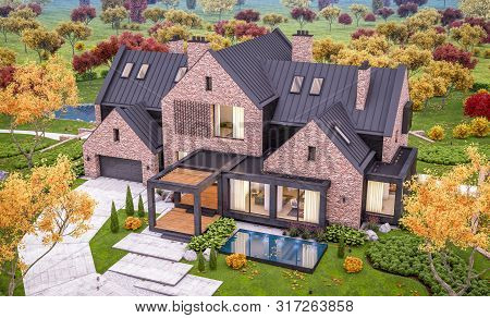 3D Rendering Of Modern Clinker House On The Ponds With Pool In Autumn Evening