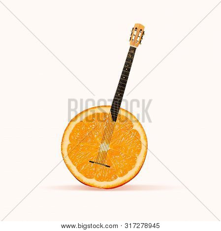 Juicy Sound Of Favourite Songs. Orange As A Body Of Acoustic Guitar On White Background. Negative Sp