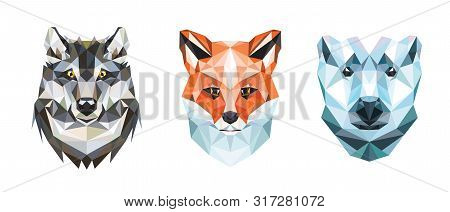 Polygonal Portraits Of Fox, Wolf And Polar Bear. Set Of Illustrations.