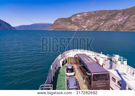 Sognefjord, Norway - July 29, 2018: View Over The Sognefjord And The Boat Deck Of The Mannheller - F