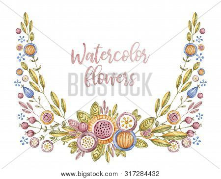 Watercolour Flower Frame Isolated On White Background. Aquarelle Floral Framework, Hand Painting, We