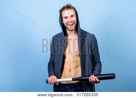 Strong And Confident. Sport Equipment. Sportsman Strong Macho Looks Threatening With Bat. Aggression