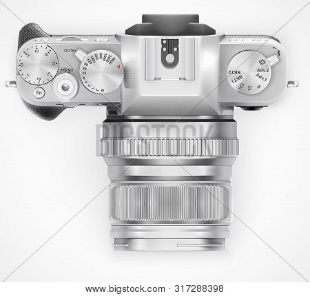 Ultra Realistic 3d Slr Retro Style Photo Camera. With Leather Part. Top View Isolated On White Backg
