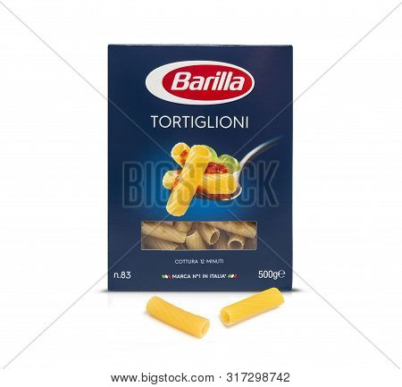 Chisinau, Moldova - August 14, 2019: Barilla Tortiglioni Nr 83. Italian Pasta In A Box Isolated On W