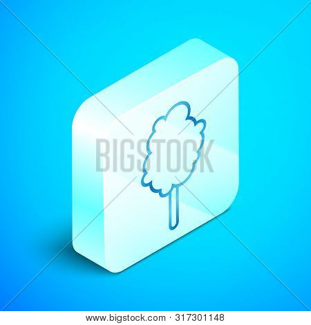 Isometric Line Cotton Candy Icon Isolated On Blue Background. Silver Square Button. Vector Illustrat