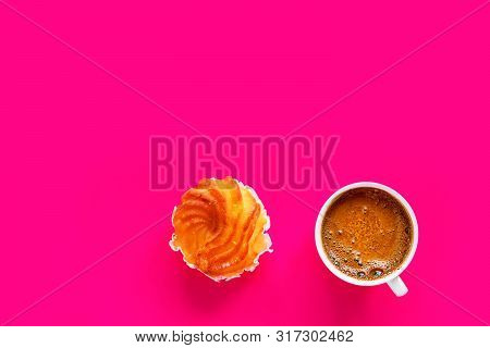 Traditional Italian Sweet Pastry Zeppole Cup Of Freshly Brewed Coffee With Foamy Crema On Fuchsia Pi