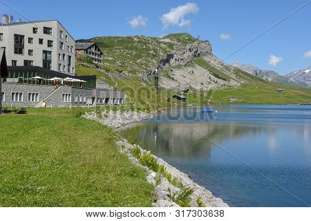 Mountain Lake At Melchsee-frutt In The Swiss Alps