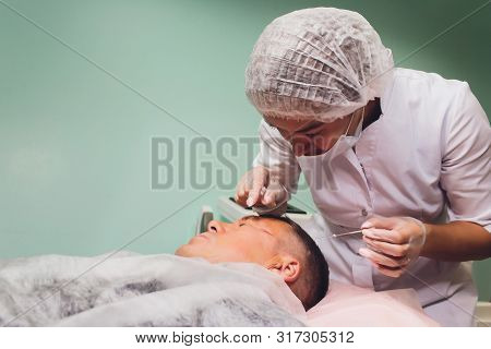 Close-up Of Procedure For Face Lifting Pdo Suture Operation, Face Lifting Surgery. Innovative Techni