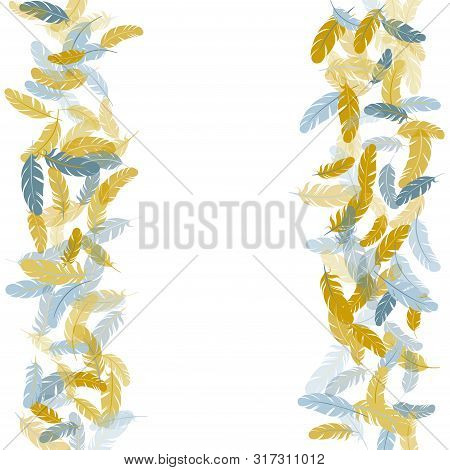 Fashoinable Silver Gold Feathers Vector Background. Fluffy Twirled Feathers On White Design. Plumage