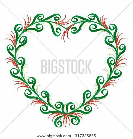 Heart Shaped Frame, Rustic Country Style. Green And Red Ornament Pattern With Graceful And Romantic 
