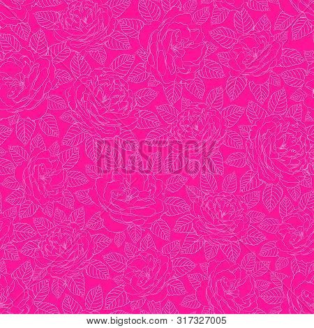 Vector Illustration. White Outlined Roses With Leaves.plastic Pink Background.seamless Repeat Patter
