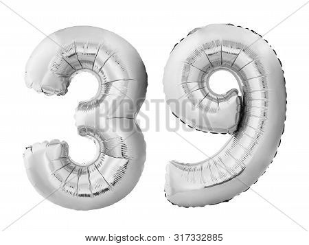Number 39 Thirty Nine Made Of Silver Inflatable Balloons Isolated On White Background. Pink Helium B
