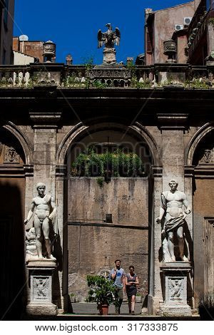 Rome, Italy - April, 2018: Details Of The Statues In The Courtyard Of The Palazzo Mattei Di Giove