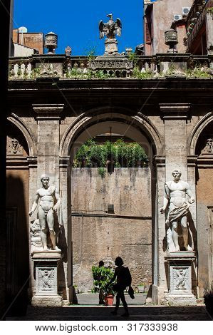 Rome, Italy - April, 2018: Details Of The Statues In The Courtyard Of The Palazzo Mattei Di Giove