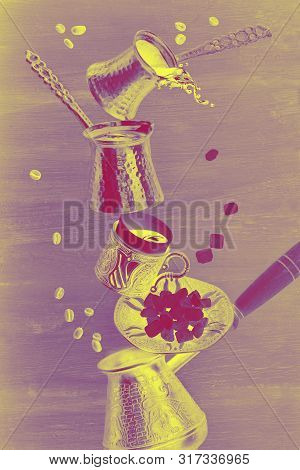 Balancing Pyramid Of Jezves, Turkish Coffee Pots And Cups In Vibran Gradient Holographic Colors