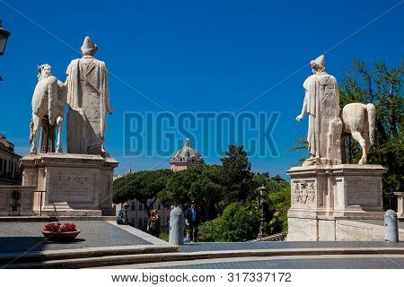 Rome, Italy - April, 2018: Statues Of The Dioscuri At The Campidoglio On Capitoline Hill