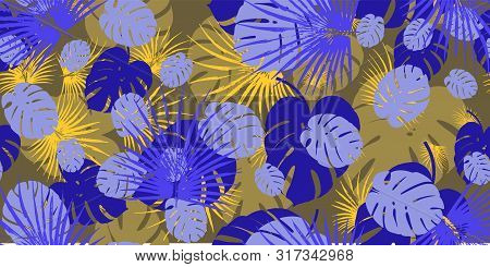 Purple Pattern Monstera Tropical Seamless Vector With Monstera Foliage Background.