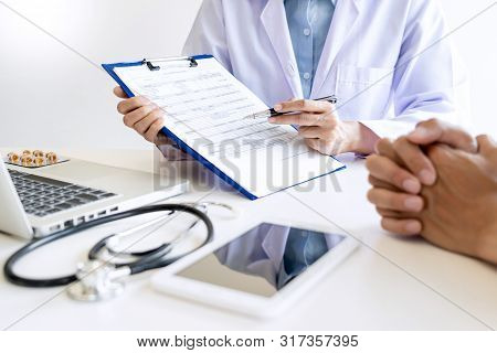 Healthcare And Medical Ethics Concept, Doctor Explains Prescription To Victim Diagnosis  Giving A Co