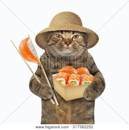 The Cat In Straw Hat Is Eating Salmon Sushi Using Chopsticks.  White Background. Isolated.