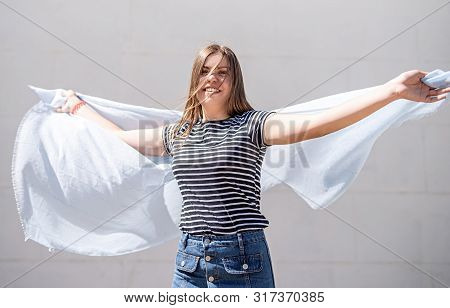 True Happiness Concept. Young Blond Caucasian Woman In Casual Clothes Turning Around And Laughing Ou