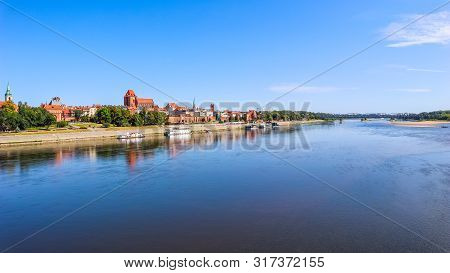 Panoramic View Of Torun City And Wisla (vistula) River With Bridges. Poland, Summer 2019