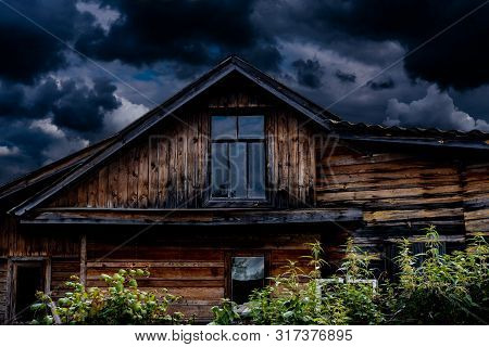 Country Dacha. Moody Old Rustic Farm House. Authentic Wooden Shed