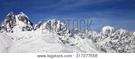 Panoramic View On Mount Ushba In Winter At Wind Sunny Day. Snowy Caucasus Mountains. Svaneti Region 