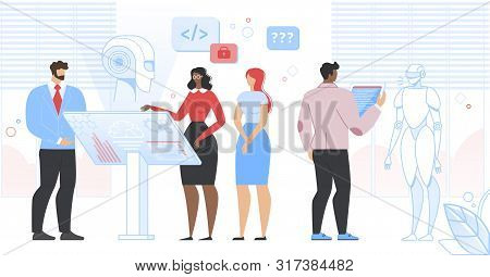 Engineers Scientists Characters Making And Programming Humanised Robot In Science Laboratory. Roboti