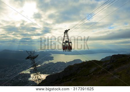 Bergen, Norway - August 4, 2019: Beautiful View With Ulriken Cable Car And Sunset Seen From The Moun