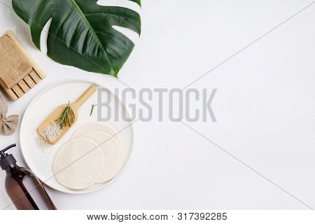 Zero waste cosmetic products, flat lay, copy space