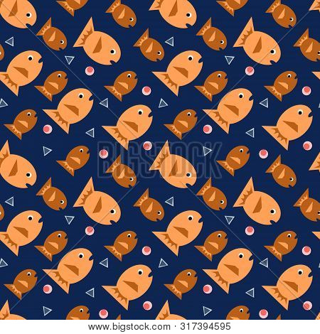 Seamless Pattern With Orange And Brown Pisces On Dark Background. Cute Creatures Swimming In Differe