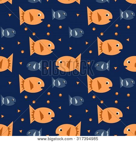 Seamless Pattern With Orange And Blue Pisces On Dark Background. Vector Illustration.