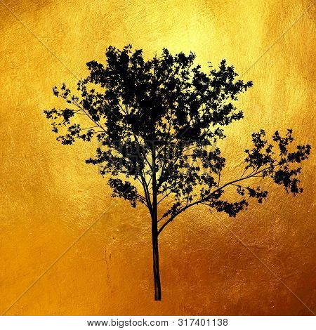 Unique Digital Black Tree Silhouette On Shinning Gold Texture Pattern For Print And Design. Nature T