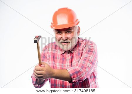 Repair Workshop. Repair Concept. Senior Foreman Worker. Home Improvement Repair. Man Bearded Laborer