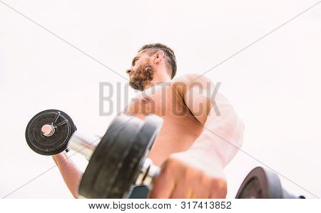 Man Sportsman With Strong Ab Torso. Steroids. Fitness Health Diet. Muscular Man Exercising With Barb
