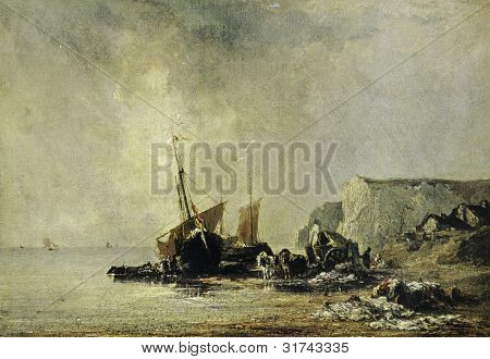 USSR - CIRCA 1977: Postkort trykt i USSR viser lodtrækningen af Richard Parkes Bonington (1802-1828) 