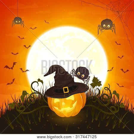 Smiling Pumpkin With Hat Of Witch And Cute Spiders On Orange Background With Moon. Halloween Theme W