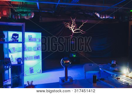 Lightning On A Black Background - Corona Discharge Of Tesla Coil.