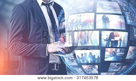 Man With Laptop In City, Streaming Interface