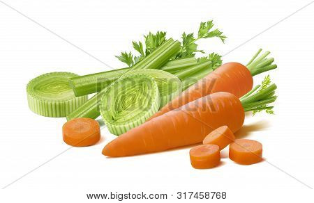 Leek, Celery And Carrot Isolated On White Background. Package Design Element With Clipping Path