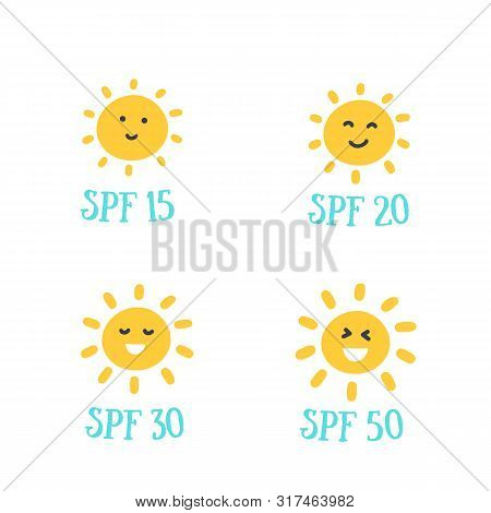 Uv Protection, Spf 15, 20, 30, 50 With Sun Emoji, Vector Illustration