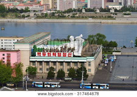 Pyongyang, North Korea - April 29, 2019: The  Corner Of The Central Square Of Kim Il Sung, Building 